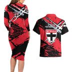 St Kilda Football Club Couples Matching Long Sleeve Bodycon Dress and Hawaiian Shirt Saints Muscular Mascot Graphic - Abstract Paint Splatter Art