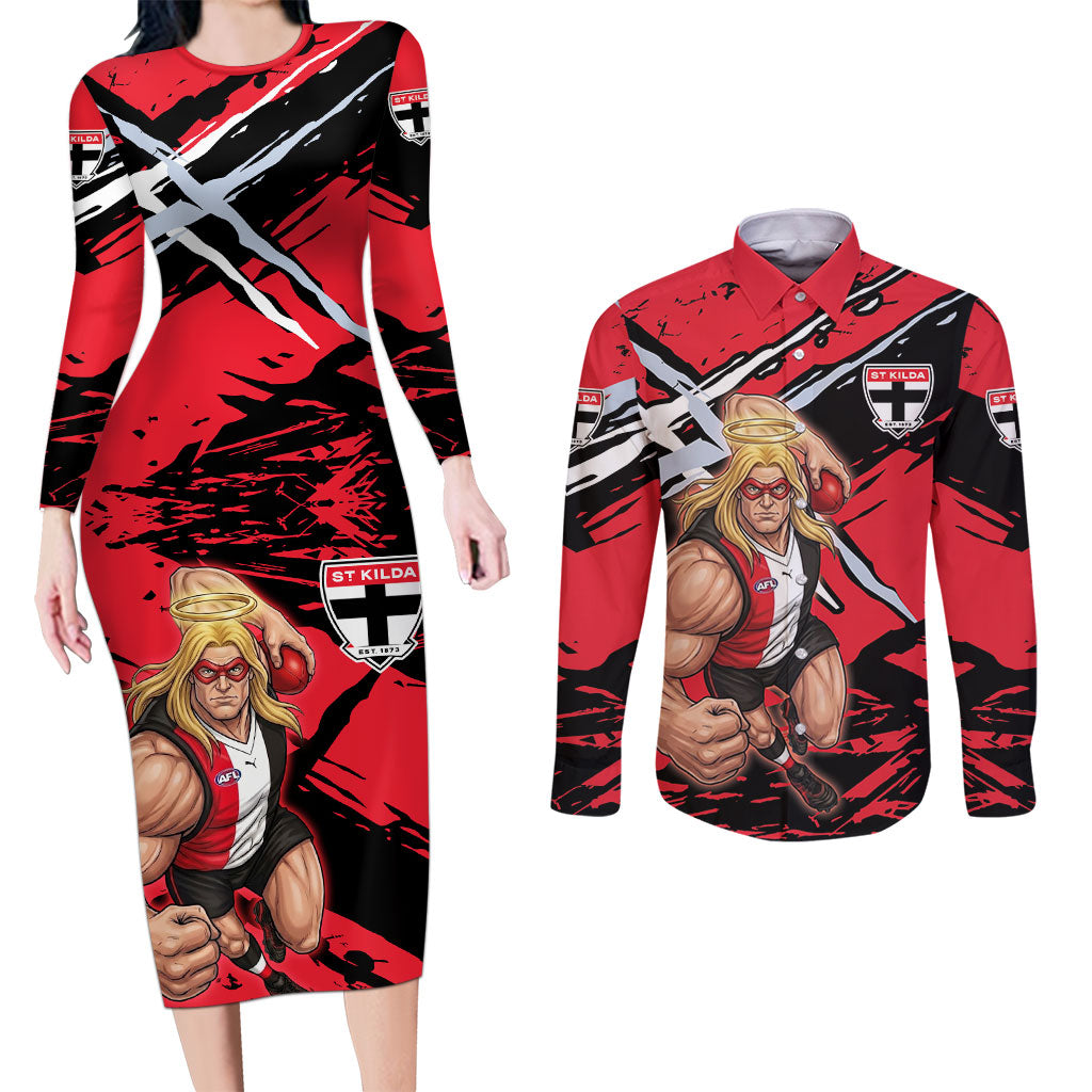St Kilda Football Club Couples Matching Long Sleeve Bodycon Dress and Long Sleeve Button Shirt Saints Muscular Mascot Graphic - Abstract Paint Splatter Art
