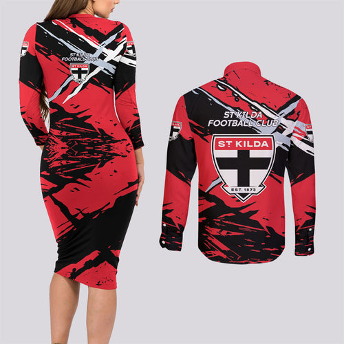 St Kilda Football Club Couples Matching Long Sleeve Bodycon Dress and Long Sleeve Button Shirt Saints Muscular Mascot Graphic - Abstract Paint Splatter Art