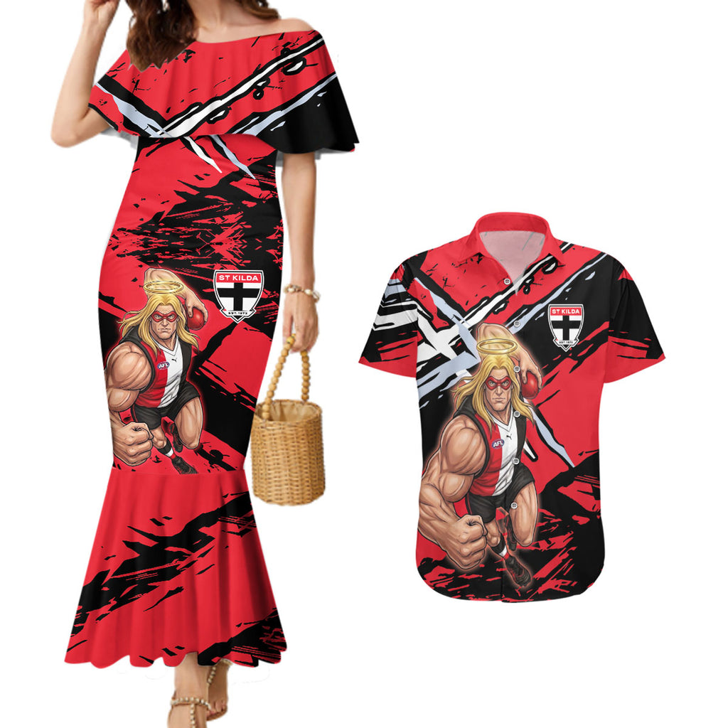 St Kilda Football Club Couples Matching Mermaid Dress and Hawaiian Shirt Saints Muscular Mascot Graphic - Abstract Paint Splatter Art