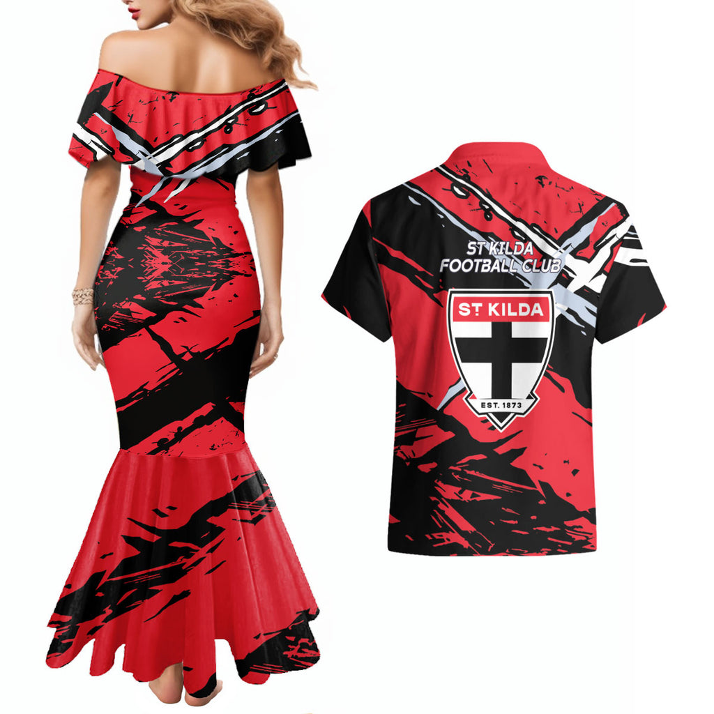 St Kilda Football Club Couples Matching Mermaid Dress and Hawaiian Shirt Saints Muscular Mascot Graphic - Abstract Paint Splatter Art