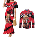 St Kilda Football Club Couples Matching Mermaid Dress and Long Sleeve Button Shirt Saints Muscular Mascot Graphic - Abstract Paint Splatter Art