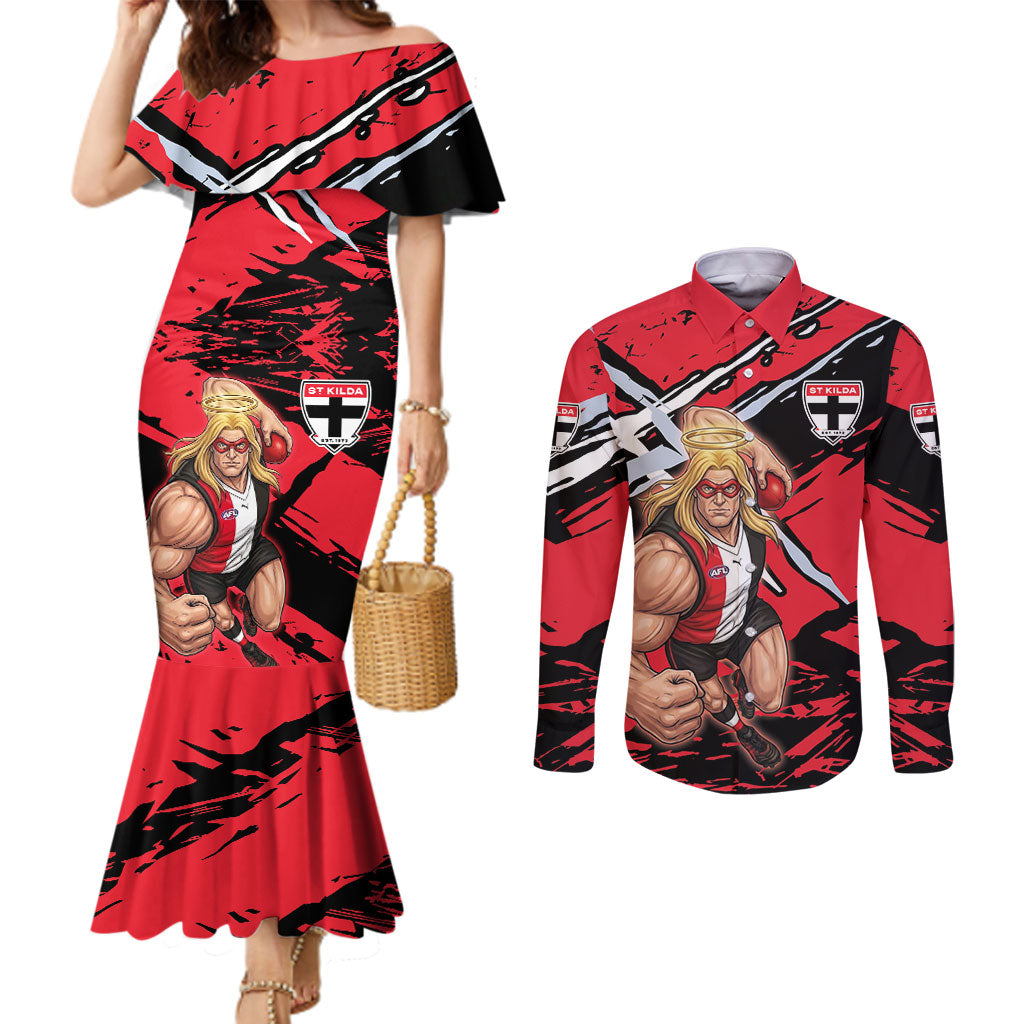 St Kilda Football Club Couples Matching Mermaid Dress and Long Sleeve Button Shirt Saints Muscular Mascot Graphic - Abstract Paint Splatter Art