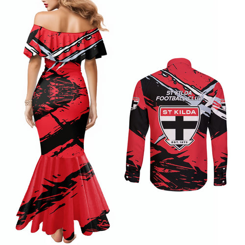 St Kilda Football Club Couples Matching Mermaid Dress and Long Sleeve Button Shirt Saints Muscular Mascot Graphic - Abstract Paint Splatter Art