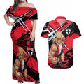 St Kilda Football Club Couples Matching Off Shoulder Maxi Dress and Hawaiian Shirt Saints Muscular Mascot Graphic - Abstract Paint Splatter Art