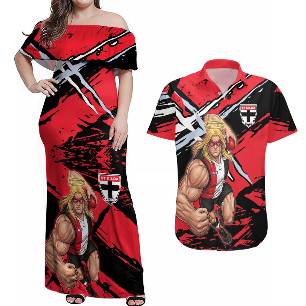 St Kilda Football Club Couples Matching Off Shoulder Maxi Dress and Hawaiian Shirt Saints Muscular Mascot Graphic - Abstract Paint Splatter Art