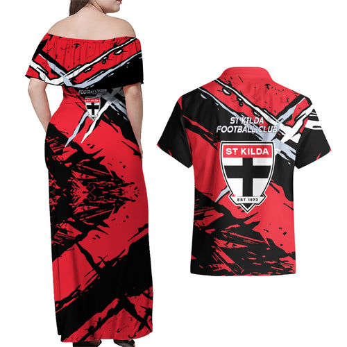 St Kilda Football Club Couples Matching Off Shoulder Maxi Dress and Hawaiian Shirt Saints Muscular Mascot Graphic - Abstract Paint Splatter Art