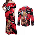 St Kilda Football Club Couples Matching Off Shoulder Maxi Dress and Long Sleeve Button Shirt Saints Muscular Mascot Graphic - Abstract Paint Splatter Art