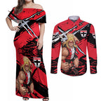 St Kilda Football Club Couples Matching Off Shoulder Maxi Dress and Long Sleeve Button Shirt Saints Muscular Mascot Graphic - Abstract Paint Splatter Art