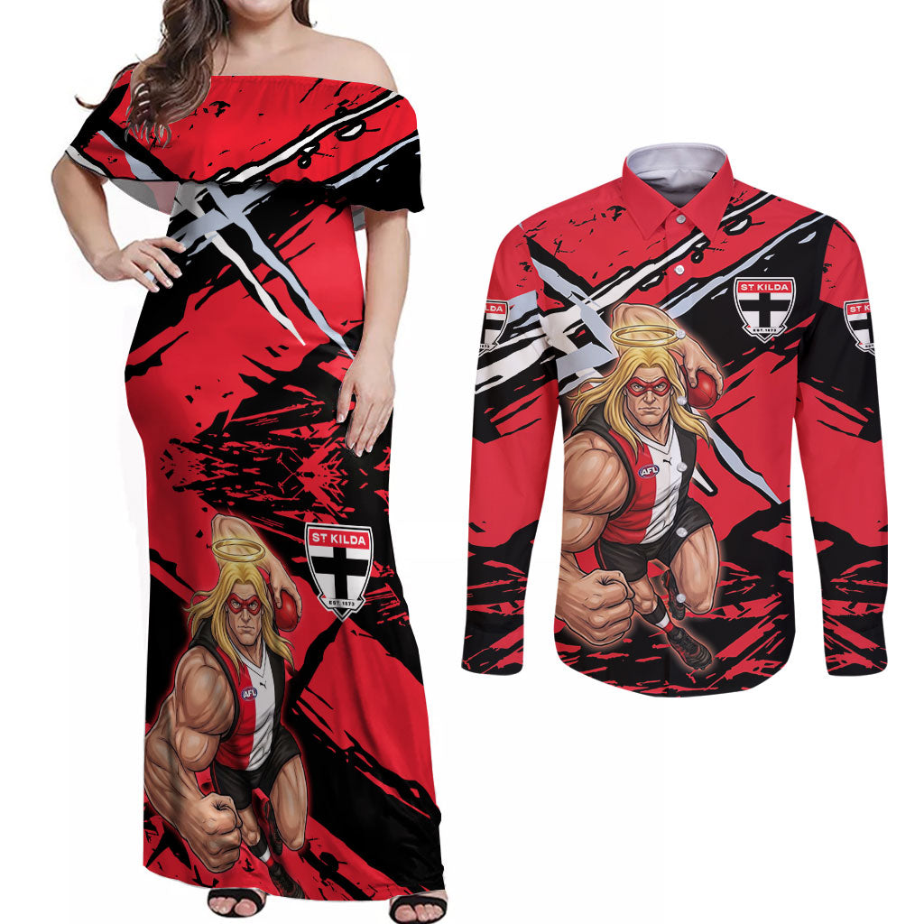 St Kilda Football Club Couples Matching Off Shoulder Maxi Dress and Long Sleeve Button Shirt Saints Muscular Mascot Graphic - Abstract Paint Splatter Art