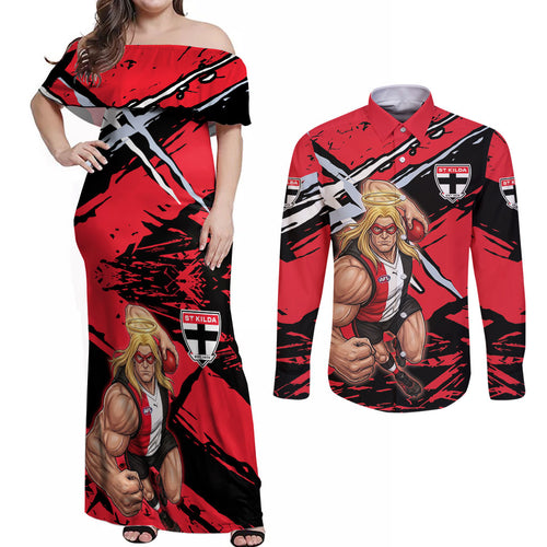 St Kilda Football Club Couples Matching Off Shoulder Maxi Dress and Long Sleeve Button Shirt Saints Muscular Mascot Graphic - Abstract Paint Splatter Art