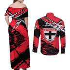 St Kilda Football Club Couples Matching Off Shoulder Maxi Dress and Long Sleeve Button Shirt Saints Muscular Mascot Graphic - Abstract Paint Splatter Art