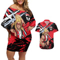 St Kilda Football Club Couples Matching Off Shoulder Short Dress and Hawaiian Shirt Saints Muscular Mascot Graphic - Abstract Paint Splatter Art
