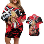 St Kilda Football Club Couples Matching Off Shoulder Short Dress and Hawaiian Shirt Saints Muscular Mascot Graphic - Abstract Paint Splatter Art