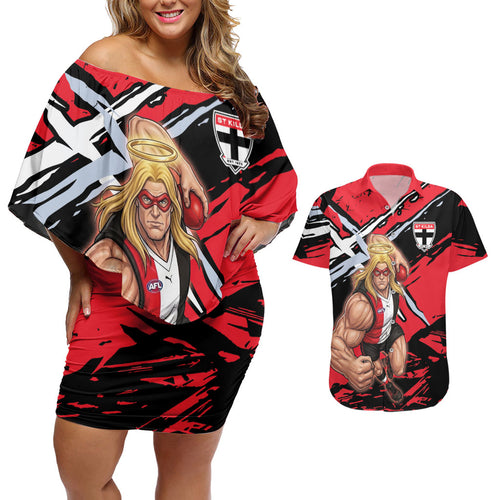 St Kilda Football Club Couples Matching Off Shoulder Short Dress and Hawaiian Shirt Saints Muscular Mascot Graphic - Abstract Paint Splatter Art