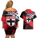 St Kilda Football Club Couples Matching Off Shoulder Short Dress and Hawaiian Shirt Saints Muscular Mascot Graphic - Abstract Paint Splatter Art