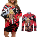 St Kilda Football Club Couples Matching Off Shoulder Short Dress and Long Sleeve Button Shirt Saints Muscular Mascot Graphic - Abstract Paint Splatter Art
