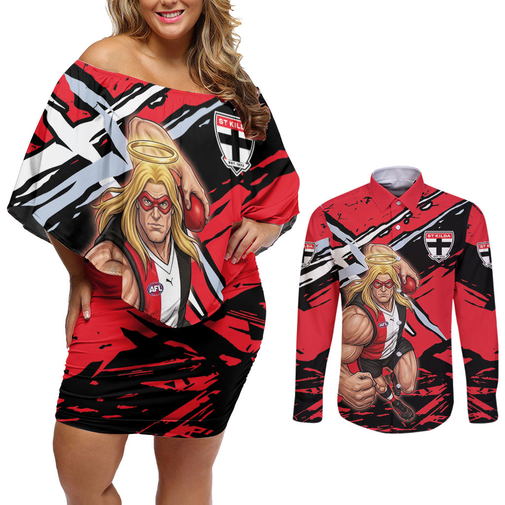 St Kilda Football Club Couples Matching Off Shoulder Short Dress and Long Sleeve Button Shirt Saints Muscular Mascot Graphic - Abstract Paint Splatter Art