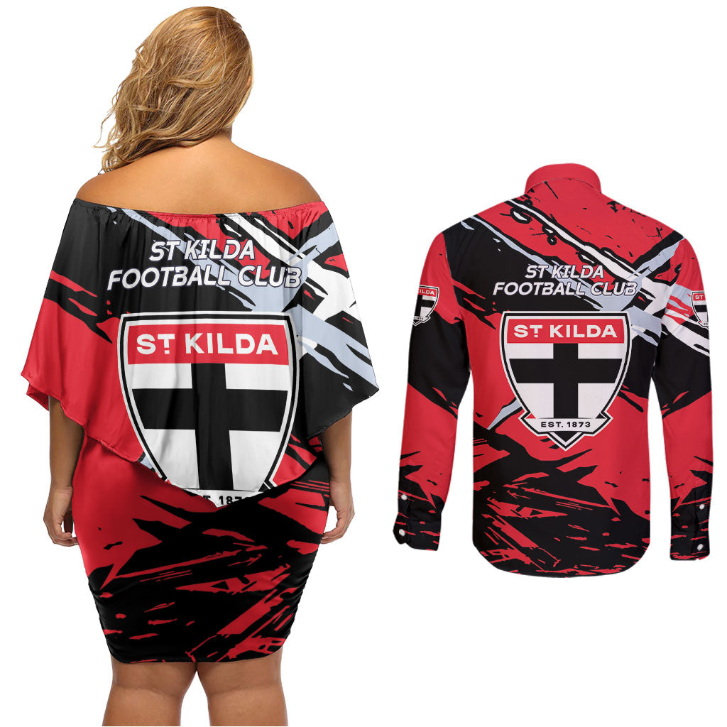 St Kilda Football Club Couples Matching Off Shoulder Short Dress and Long Sleeve Button Shirt Saints Muscular Mascot Graphic - Abstract Paint Splatter Art