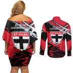 St Kilda Football Club Couples Matching Off Shoulder Short Dress and Long Sleeve Button Shirt Saints Muscular Mascot Graphic - Abstract Paint Splatter Art