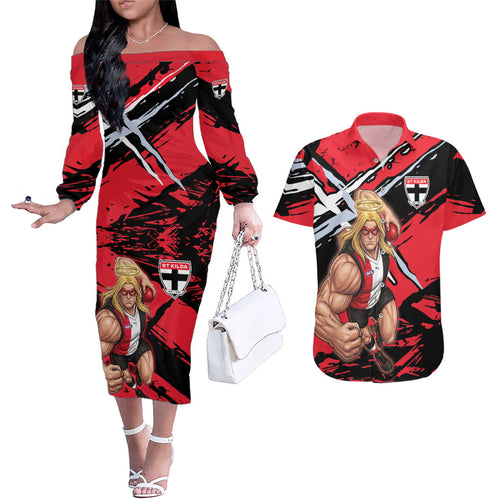 St Kilda Football Club Couples Matching Off The Shoulder Long Sleeve Dress and Hawaiian Shirt Saints Muscular Mascot Graphic - Abstract Paint Splatter Art