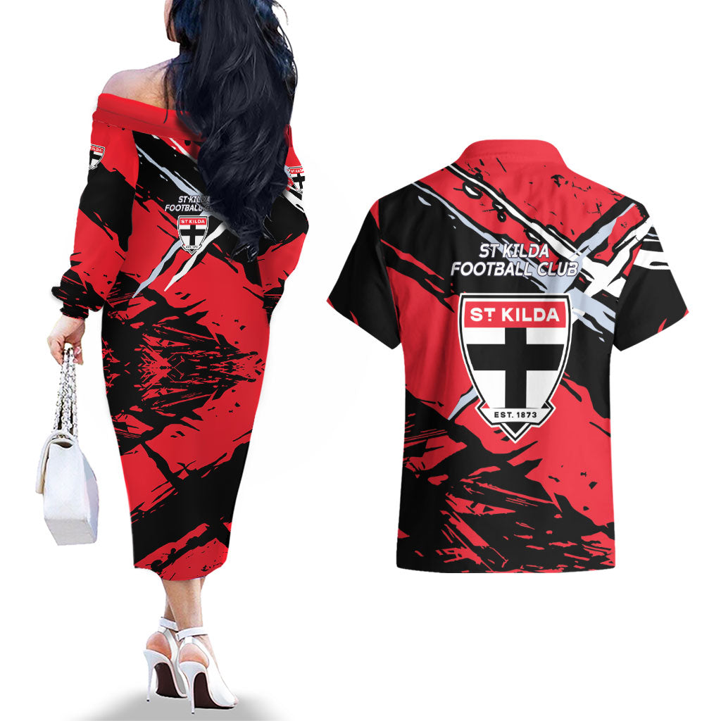 St Kilda Football Club Couples Matching Off The Shoulder Long Sleeve Dress and Hawaiian Shirt Saints Muscular Mascot Graphic - Abstract Paint Splatter Art