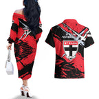 St Kilda Football Club Couples Matching Off The Shoulder Long Sleeve Dress and Hawaiian Shirt Saints Muscular Mascot Graphic - Abstract Paint Splatter Art