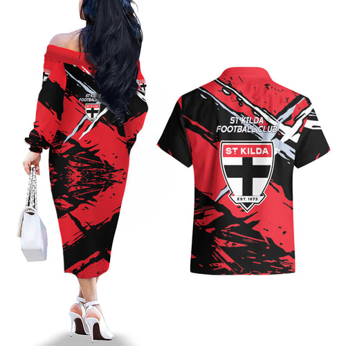 St Kilda Football Club Couples Matching Off The Shoulder Long Sleeve Dress and Hawaiian Shirt Saints Muscular Mascot Graphic - Abstract Paint Splatter Art
