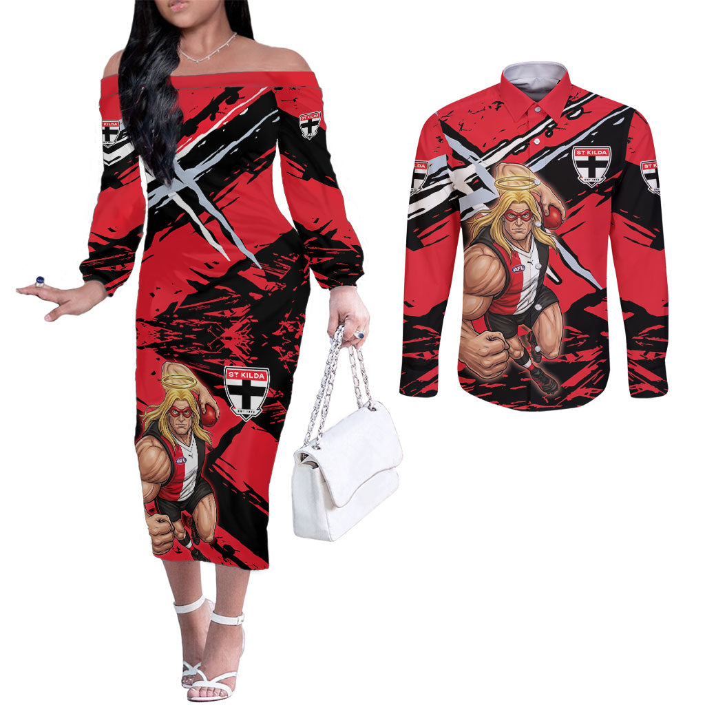 St Kilda Football Club Couples Matching Off The Shoulder Long Sleeve Dress and Long Sleeve Button Shirt Saints Muscular Mascot Graphic - Abstract Paint Splatter Art