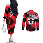 St Kilda Football Club Couples Matching Off The Shoulder Long Sleeve Dress and Long Sleeve Button Shirt Saints Muscular Mascot Graphic - Abstract Paint Splatter Art