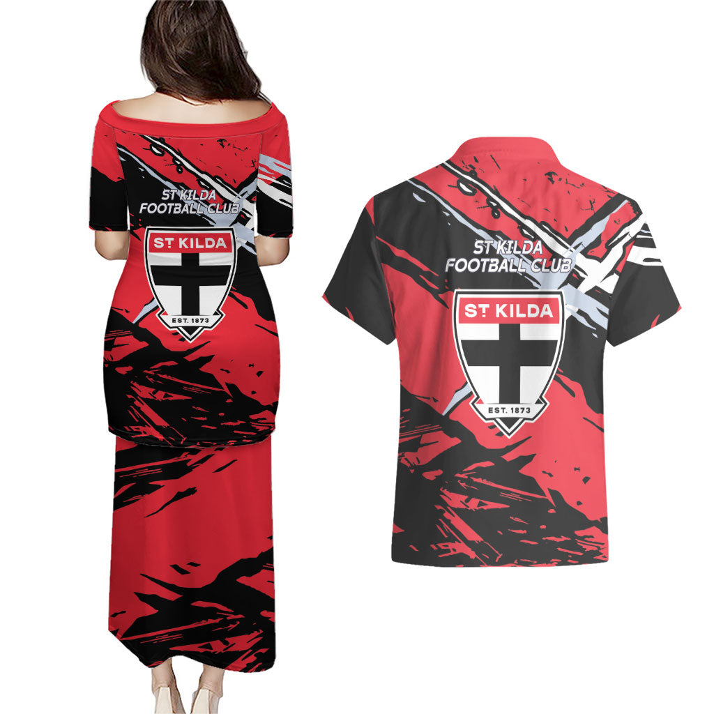 St Kilda Football Club Couples Matching Puletasi and Hawaiian Shirt Saints Muscular Mascot Graphic - Abstract Paint Splatter Art