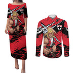 St Kilda Football Club Couples Matching Puletasi and Long Sleeve Button Shirt Saints Muscular Mascot Graphic - Abstract Paint Splatter Art