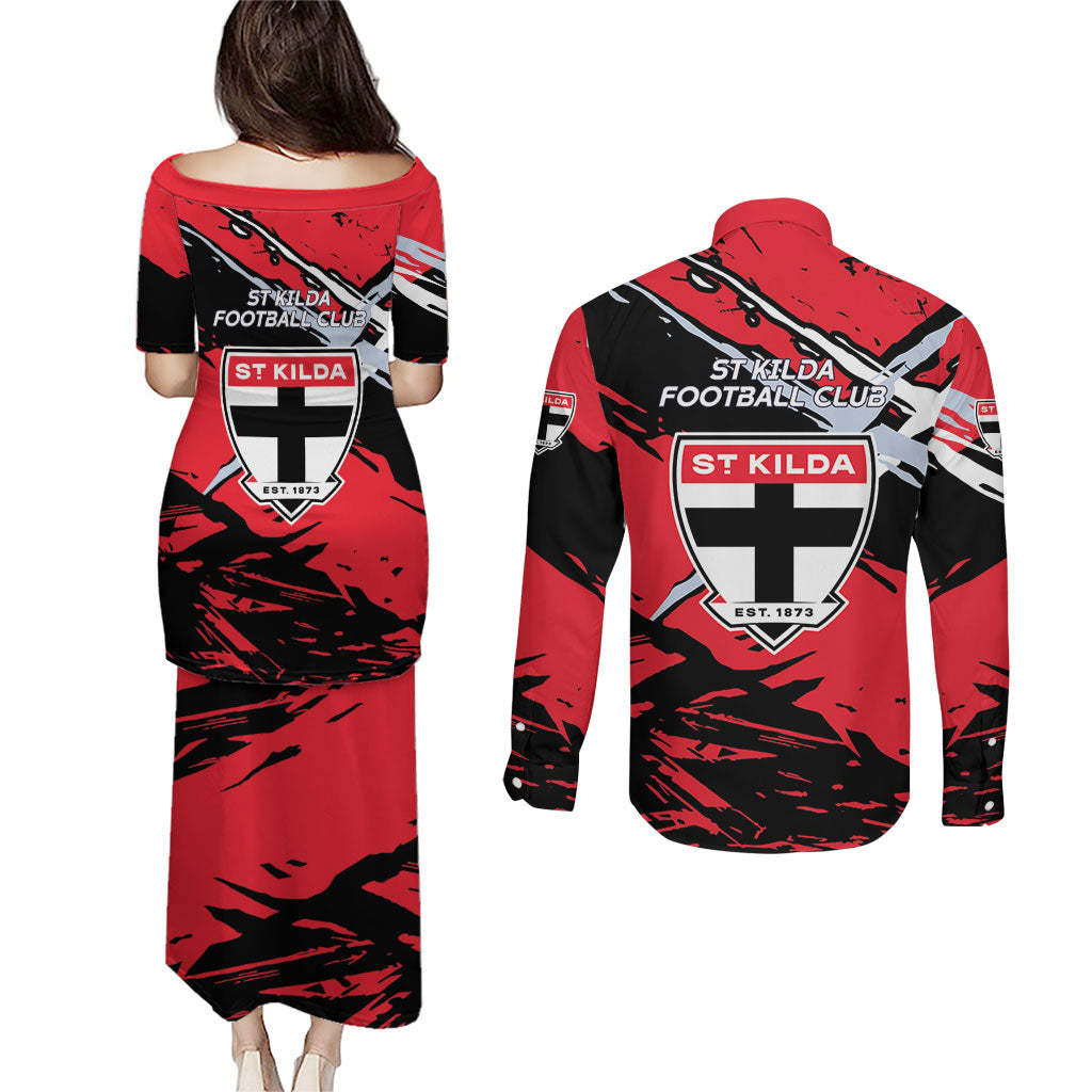 St Kilda Football Club Couples Matching Puletasi and Long Sleeve Button Shirt Saints Muscular Mascot Graphic - Abstract Paint Splatter Art