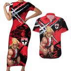 St Kilda Football Club Couples Matching Short Sleeve Bodycon Dress and Hawaiian Shirt Saints Muscular Mascot Graphic - Abstract Paint Splatter Art