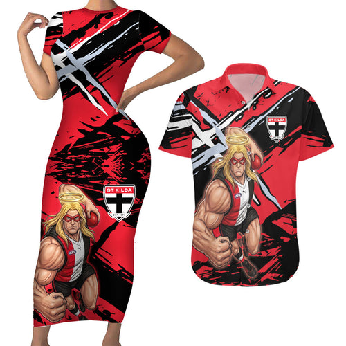 St Kilda Football Club Couples Matching Short Sleeve Bodycon Dress and Hawaiian Shirt Saints Muscular Mascot Graphic - Abstract Paint Splatter Art