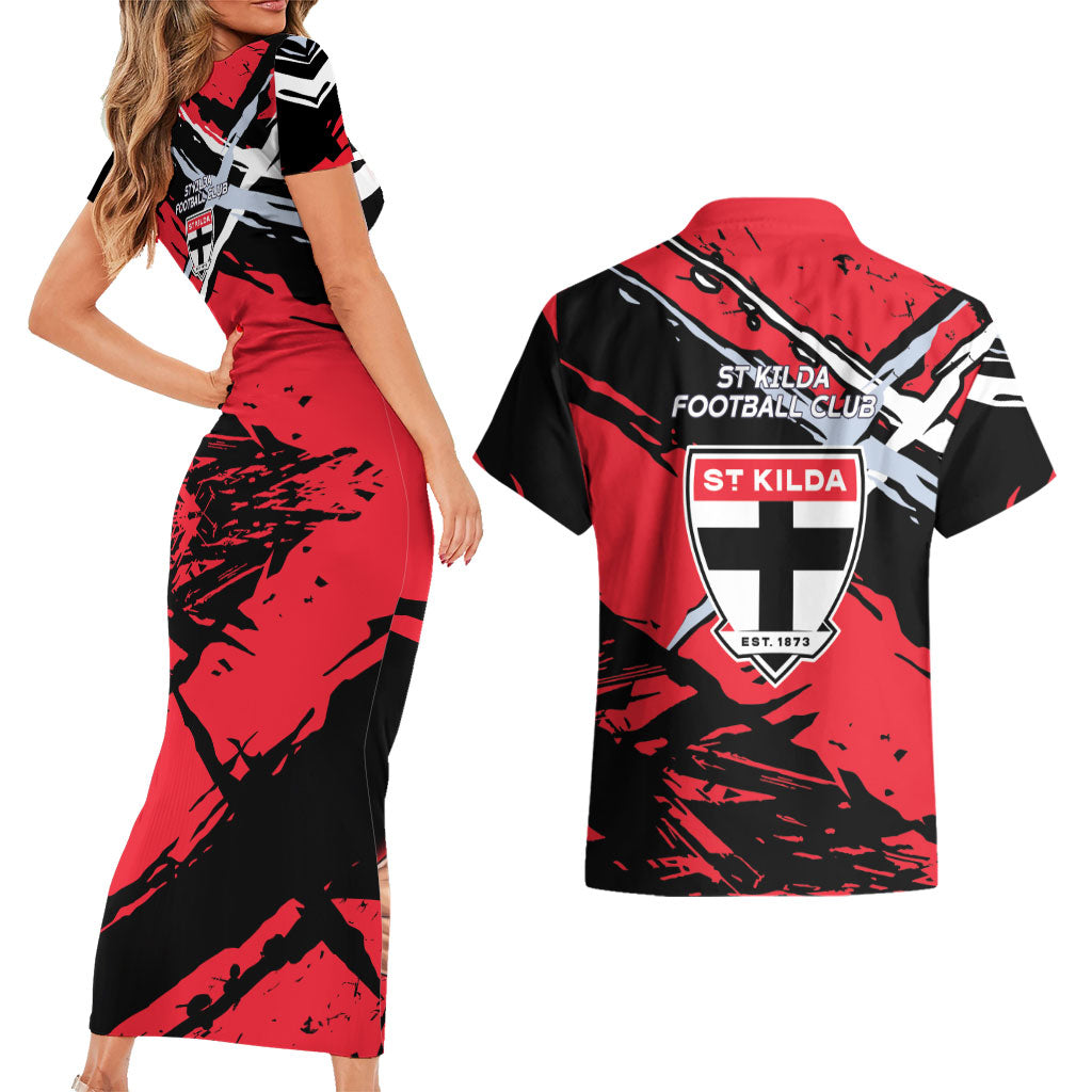 St Kilda Football Club Couples Matching Short Sleeve Bodycon Dress and Hawaiian Shirt Saints Muscular Mascot Graphic - Abstract Paint Splatter Art