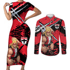 St Kilda Football Club Couples Matching Short Sleeve Bodycon Dress and Long Sleeve Button Shirt Saints Muscular Mascot Graphic - Abstract Paint Splatter Art