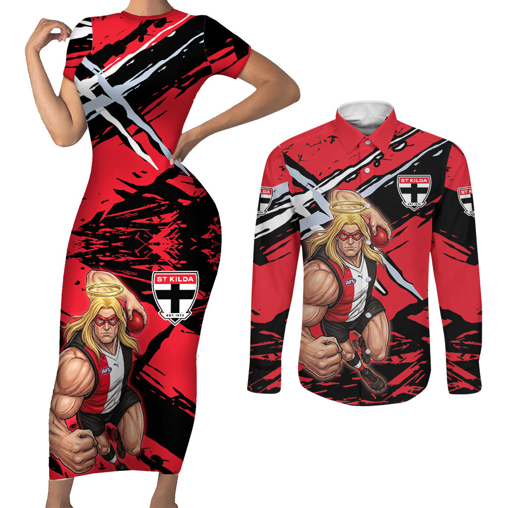 St Kilda Football Club Couples Matching Short Sleeve Bodycon Dress and Long Sleeve Button Shirt Saints Muscular Mascot Graphic - Abstract Paint Splatter Art