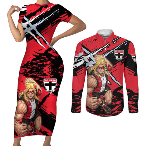 St Kilda Football Club Couples Matching Short Sleeve Bodycon Dress and Long Sleeve Button Shirt Saints Muscular Mascot Graphic - Abstract Paint Splatter Art
