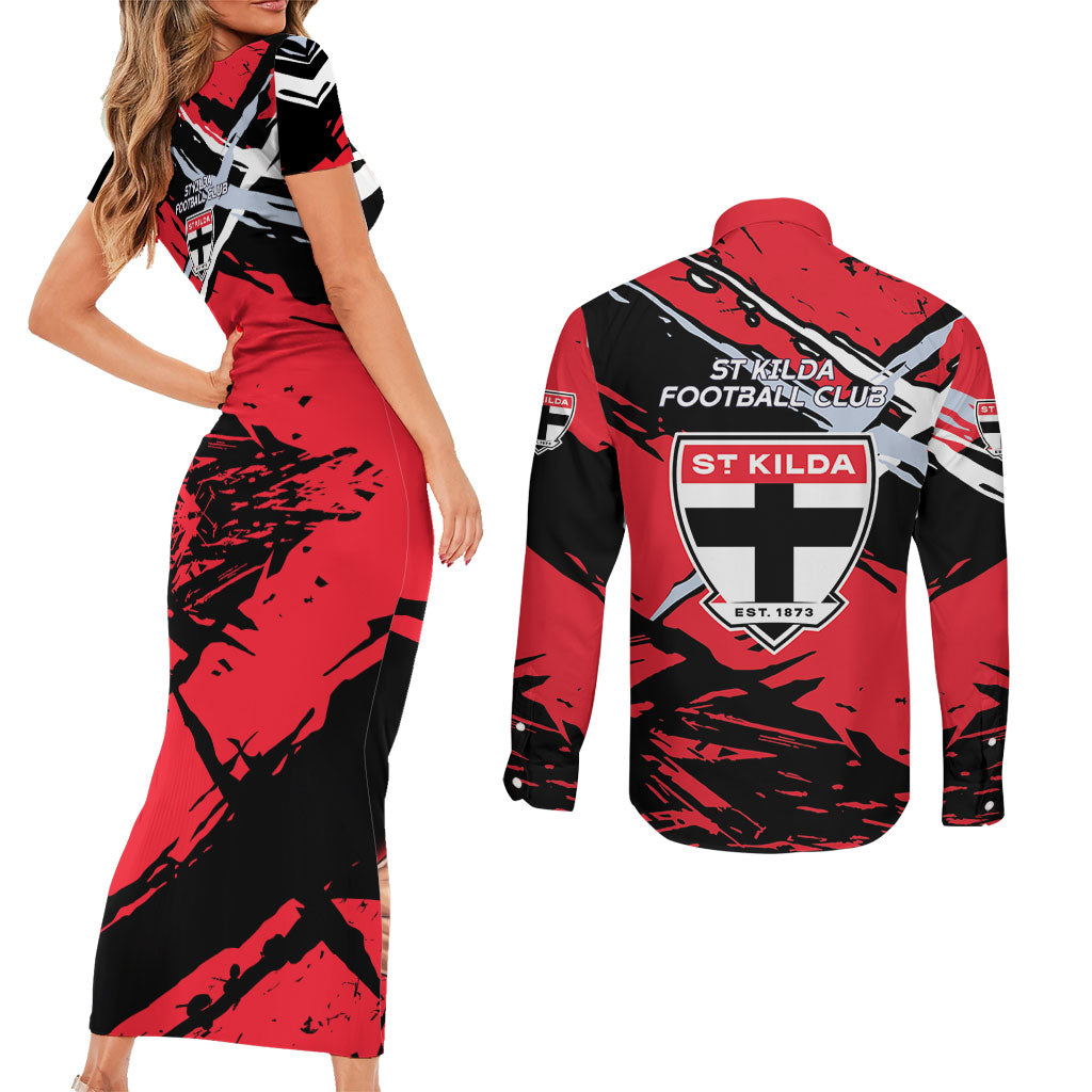 St Kilda Football Club Couples Matching Short Sleeve Bodycon Dress and Long Sleeve Button Shirt Saints Muscular Mascot Graphic - Abstract Paint Splatter Art