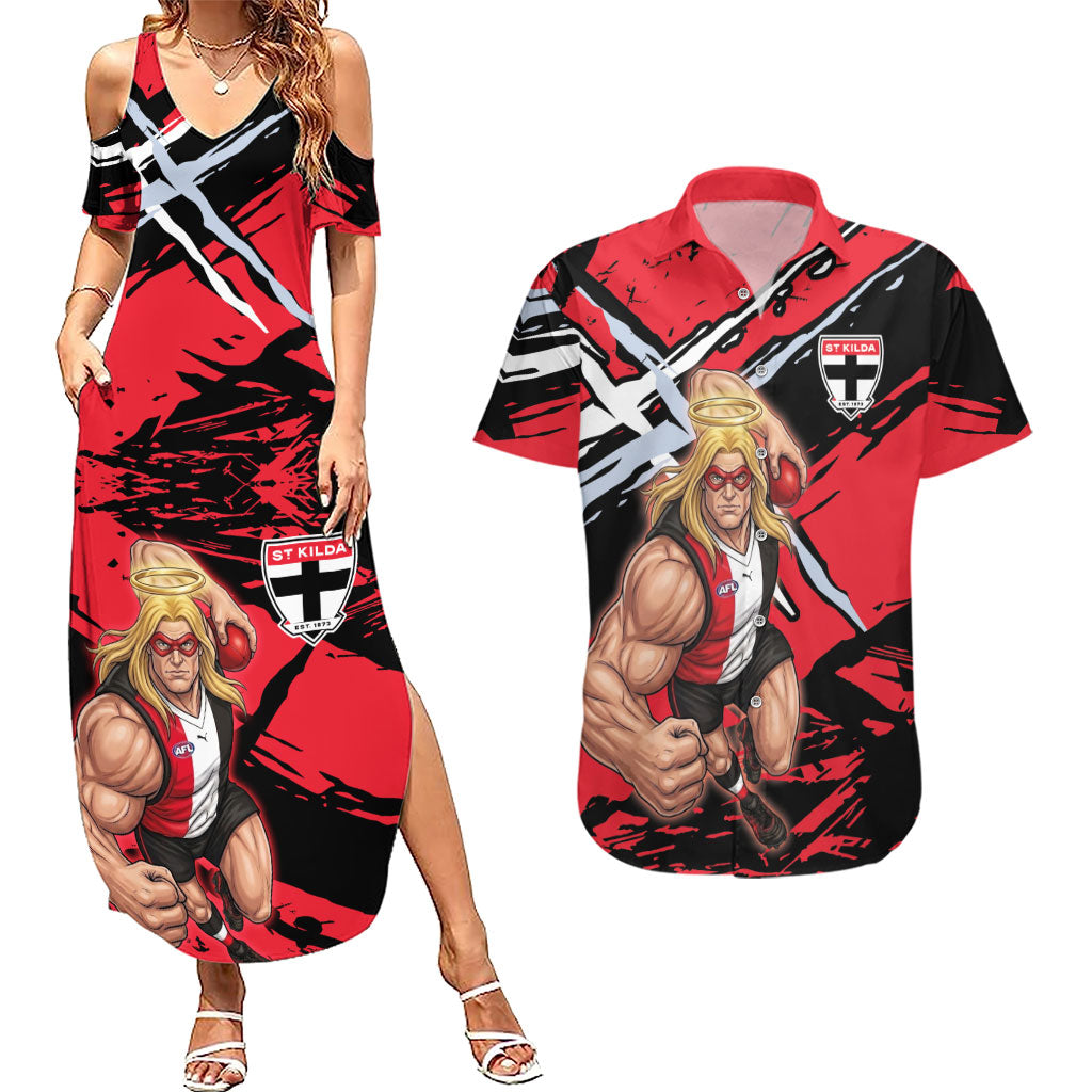 St Kilda Football Club Couples Matching Summer Maxi Dress and Hawaiian Shirt Saints Muscular Mascot Graphic - Abstract Paint Splatter Art