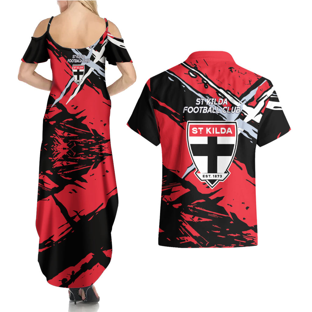St Kilda Football Club Couples Matching Summer Maxi Dress and Hawaiian Shirt Saints Muscular Mascot Graphic - Abstract Paint Splatter Art