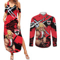St Kilda Football Club Couples Matching Summer Maxi Dress and Long Sleeve Button Shirt Saints Muscular Mascot Graphic - Abstract Paint Splatter Art