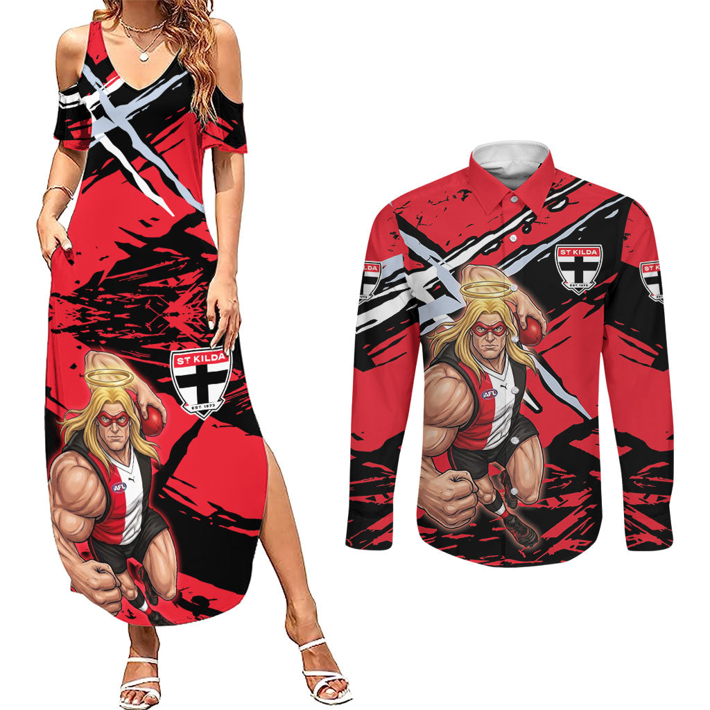 St Kilda Football Club Couples Matching Summer Maxi Dress and Long Sleeve Button Shirt Saints Muscular Mascot Graphic - Abstract Paint Splatter Art