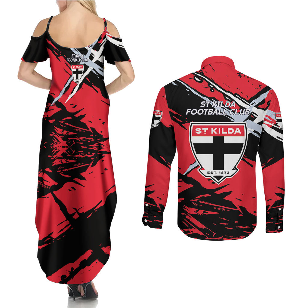St Kilda Football Club Couples Matching Summer Maxi Dress and Long Sleeve Button Shirt Saints Muscular Mascot Graphic - Abstract Paint Splatter Art