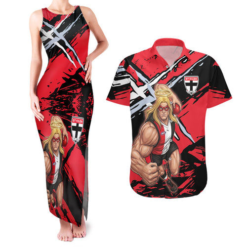 St Kilda Football Club Couples Matching Tank Maxi Dress and Hawaiian Shirt Saints Muscular Mascot Graphic - Abstract Paint Splatter Art