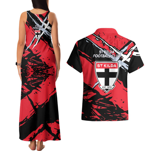 St Kilda Football Club Couples Matching Tank Maxi Dress and Hawaiian Shirt Saints Muscular Mascot Graphic - Abstract Paint Splatter Art