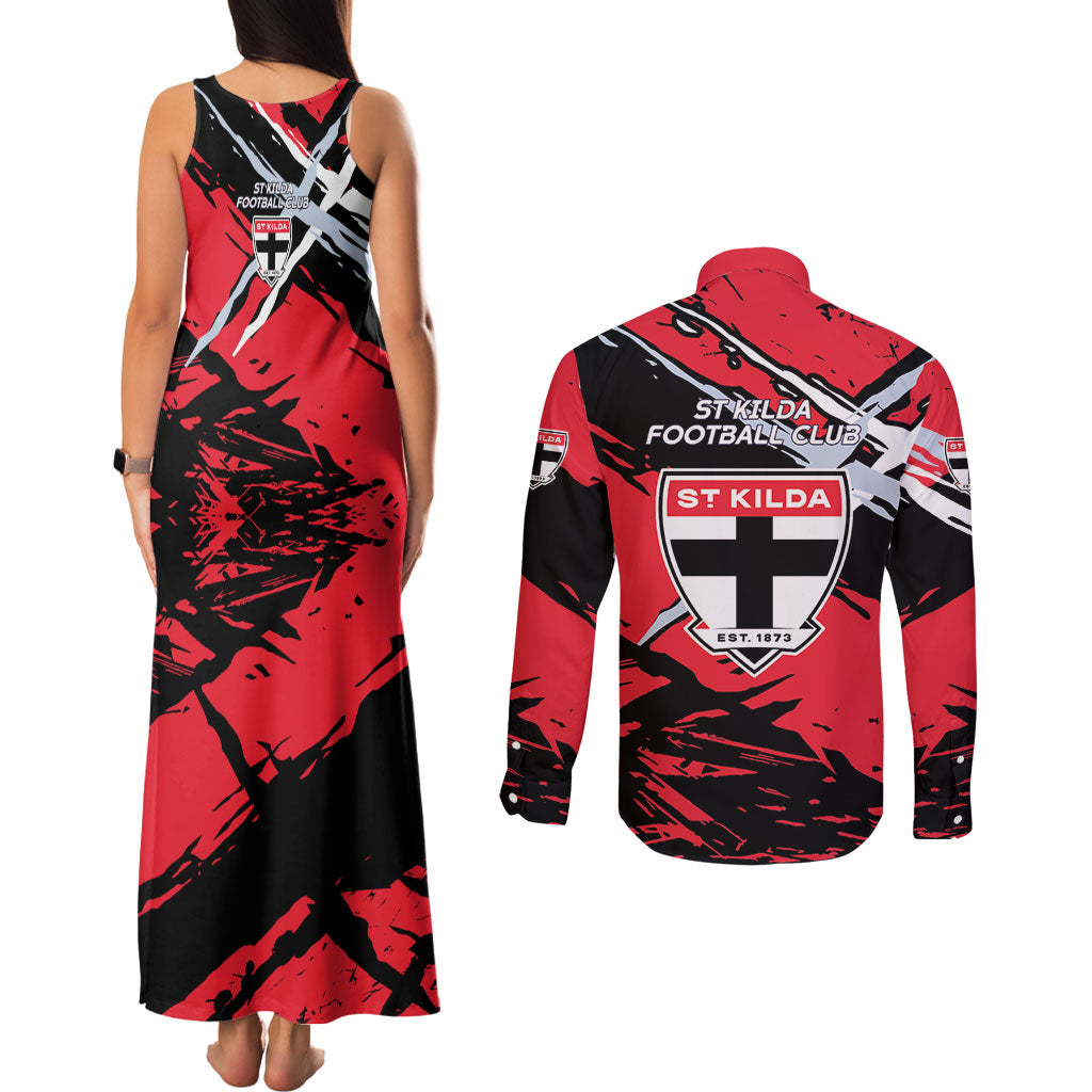 St Kilda Football Club Couples Matching Tank Maxi Dress and Long Sleeve Button Shirt Saints Muscular Mascot Graphic - Abstract Paint Splatter Art