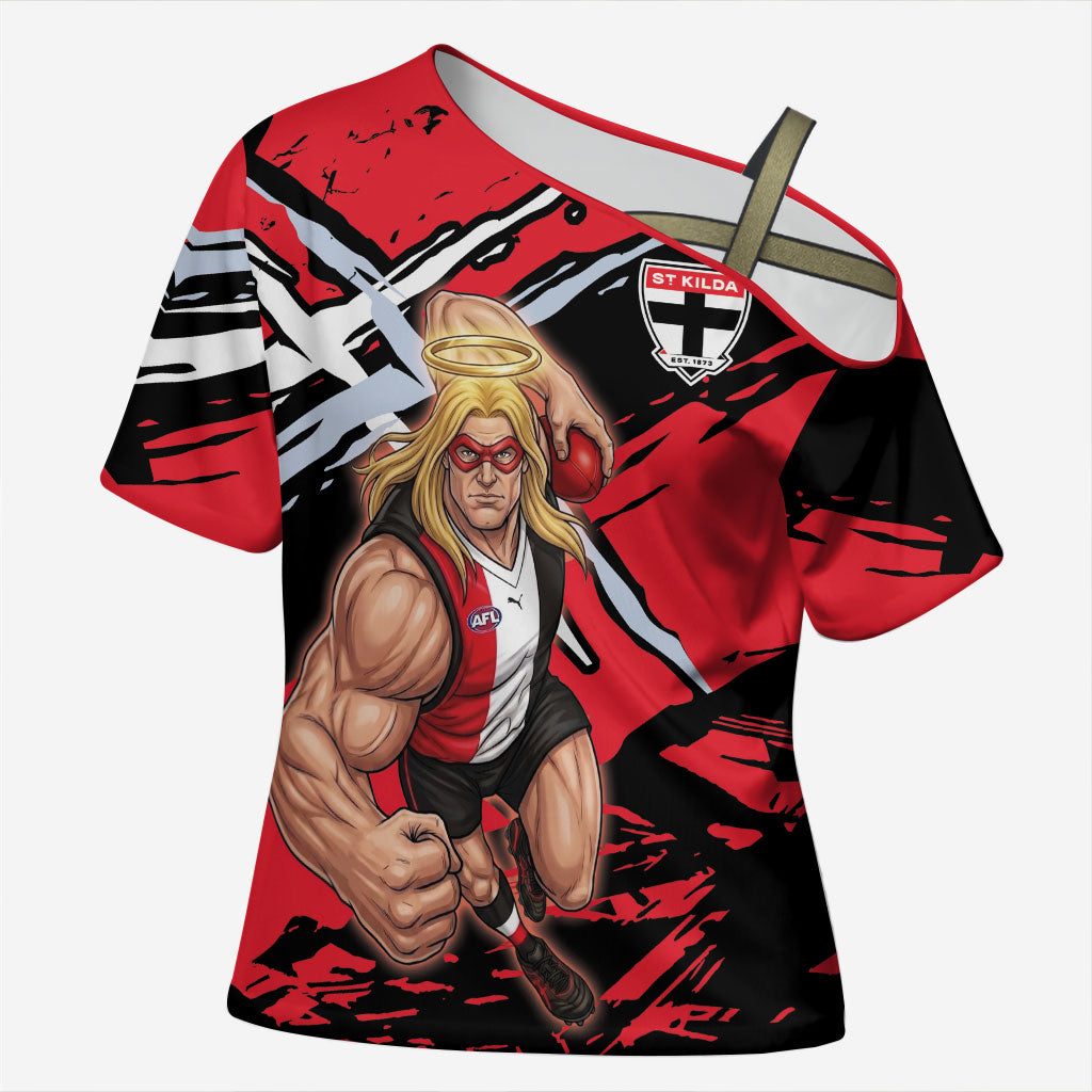St Kilda Football Club Cross Shoulder Shirt Saints Muscular Mascot Graphic - Abstract Paint Splatter Art