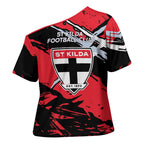 St Kilda Football Club Cross Shoulder Shirt Saints Muscular Mascot Graphic - Abstract Paint Splatter Art